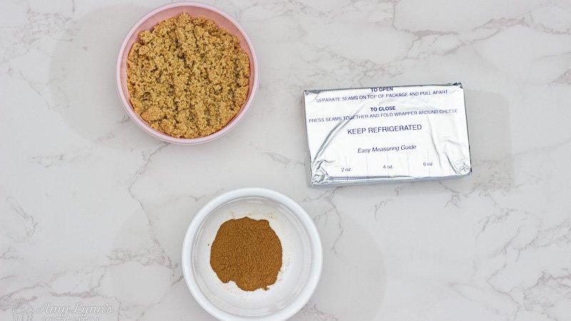Gather your ingredients of cream cheese, brown sugar and cinnamon.