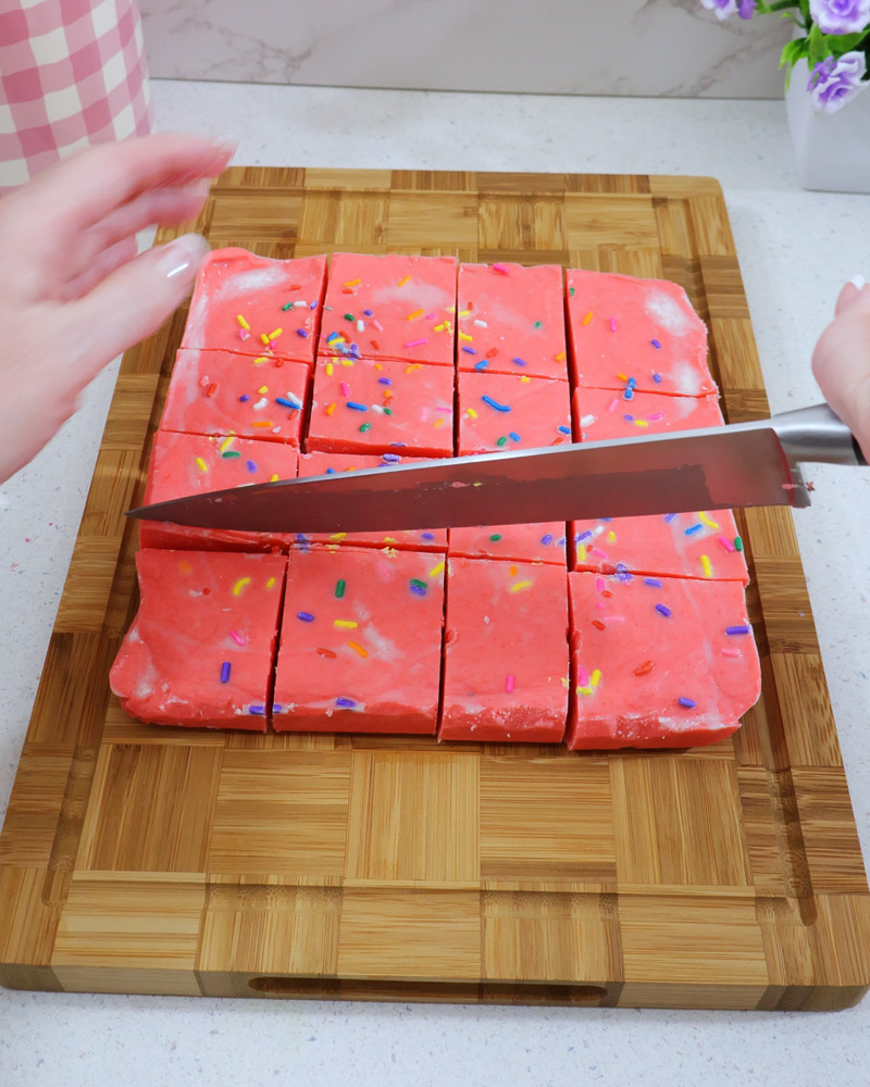 Fudge removed from pan and cut into squares to serve