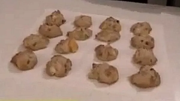 Rows of fruit cocktail cookies on parchment paper.