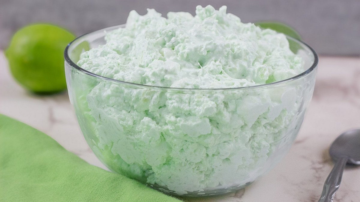 A delicious bowl of Lime Cottage Cheese Fluff... a no bake retro dessert!