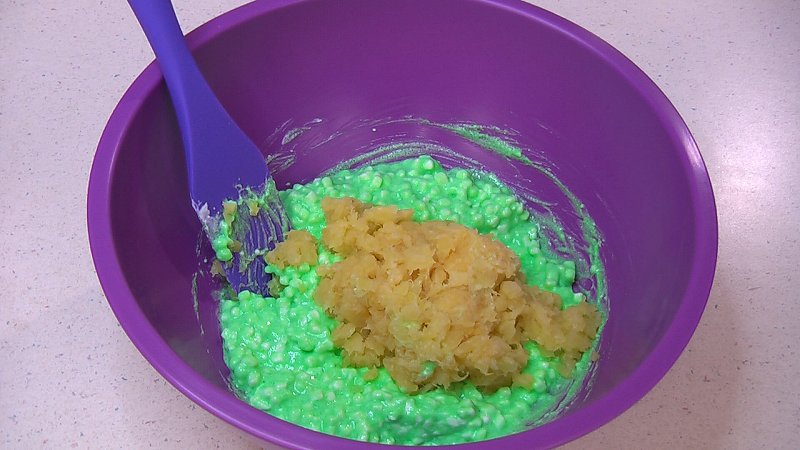 Add crushed pineapple that has been well drained and stir together