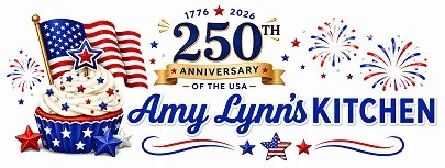 Amy Lynn's Kitchen patriotic logo celebrating the USA 250th Anniversary with a red, white, and blue cupcake, American flag, fireworks, and 1776�2026 design.