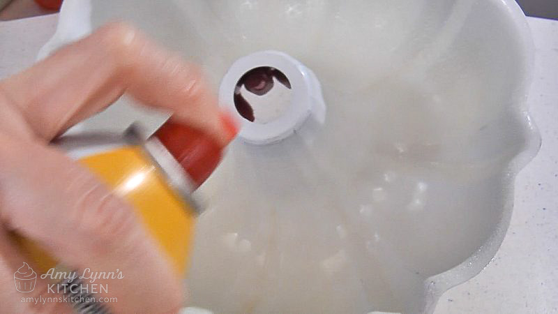 Spray your bundt pan generously with non-stick cooking spray.