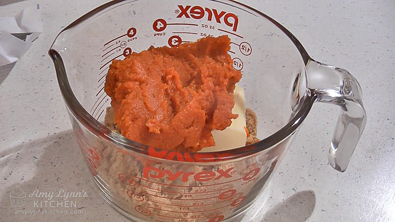 To make the pumpkin sauce, place brown sugar, butter and pure pumpkin into a microwave-safe cup or bowl.