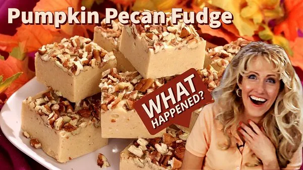 Pumpkin pecan fudge squares with text overlay and Amy Lynn reacting.